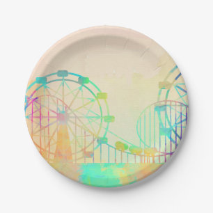 Watercolor Painting Ferris Wheel Fairground Art Paper Plate