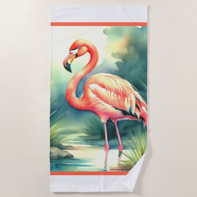 Watercolor Painting Flamingo Beach Towel (Front)