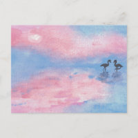 Watercolor Painting flamingos / Pastel Postcard