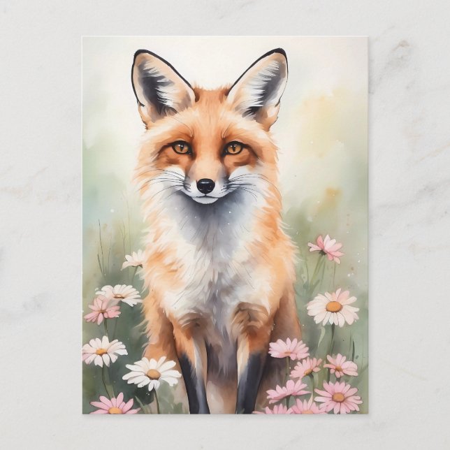 Watercolor Painting Fox With Daisy flowers Postcard (Front)