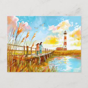 watercolor painting Girls and Dog by Lighthouse Sh Holiday Postcard