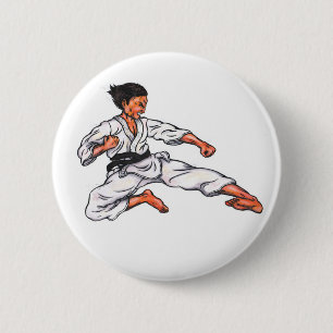 watercolor painting karate man leaping and kicking 6 cm round badge