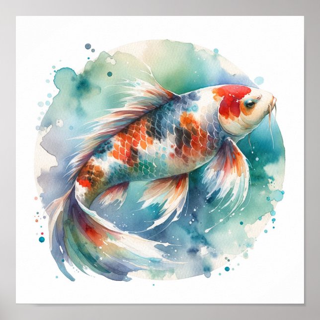 Watercolor Painting Koi Fish Art Poster (Front)