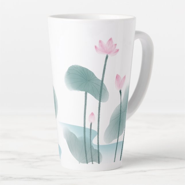 Watercolor Painting Lotus Floral Freehand Drawing Latte Mug (Right Angle)