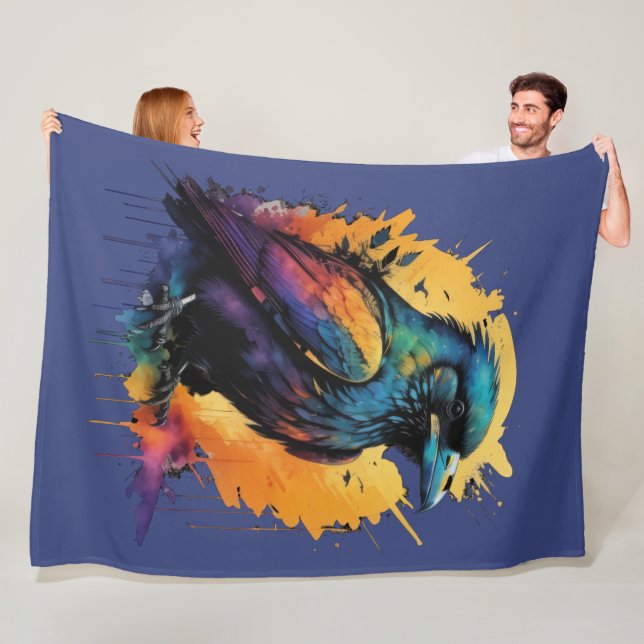Watercolor Painting Multi Coloured Raven/Crow Fleece Blanket (In Situ)