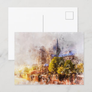 Watercolor Painting Notre Dame Cathedral Sunrise Postcard