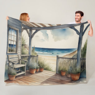 Watercolor Painting Ocean View Front Porch Fleece Blanket