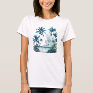 Watercolor Painting of a Beach with Palm Trees T-Shirt