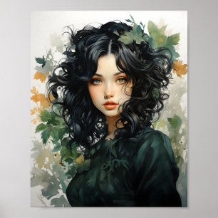 Watercolor Painting Of A Black Haired Girl Poster