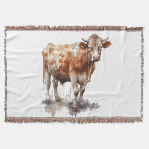 watercolor painting of a cow in a pasture throw blanket
