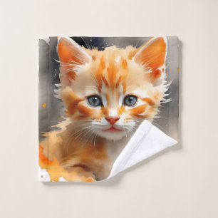 Watercolor painting of a cute orange cat bath towel set