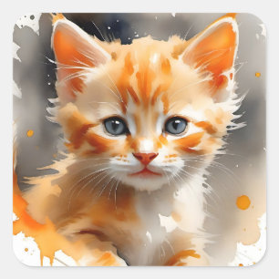 Watercolor painting of a cute orange cat square sticker