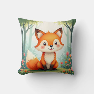 Watercolor Painting of a Cute, Small Fox Cushion