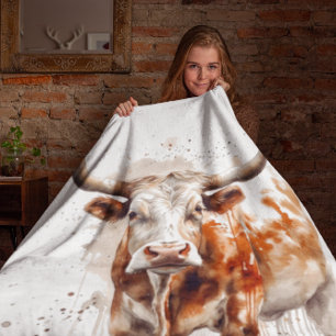 watercolor painting of a longhorn cow  fleece blanket