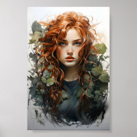 Watercolor Painting Of A Red Haired Girl 