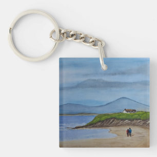 Watercolor Painting of a Romantic Day at the Beach Key Ring
