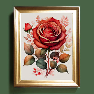 Watercolor Painting of a Rose Red Poster