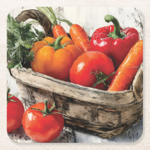 Watercolor Painting of a Vegetable Basket Square Paper Coaster