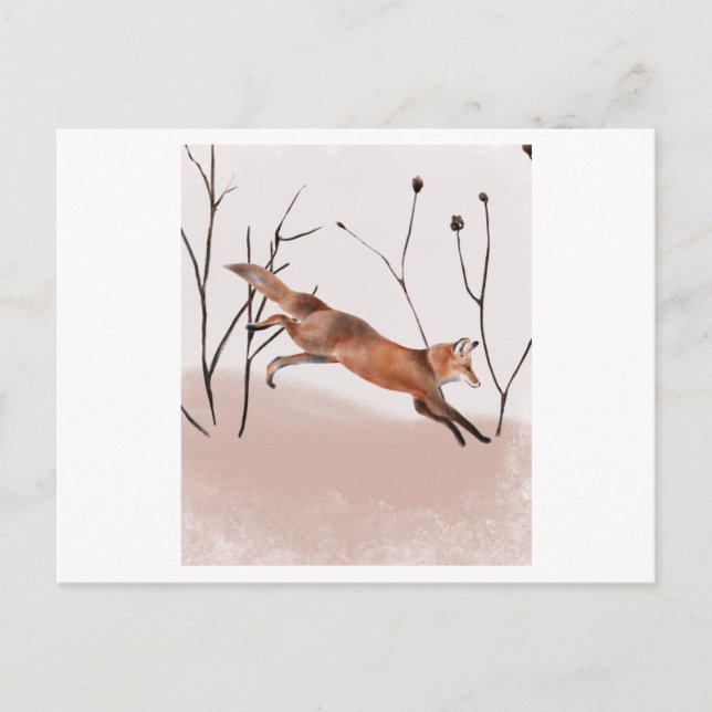 Watercolor painting of a winter fox jumping postcard (Front)
