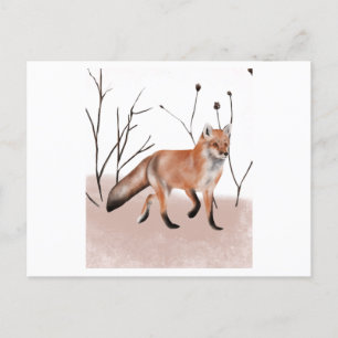 Watercolor painting of a winter fox walking postcard