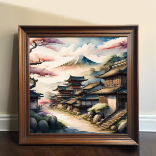 Watercolor Painting of Ancient Japanese Village Poster