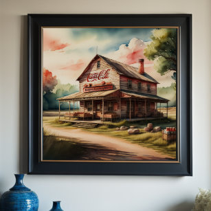 Watercolor Painting of Antique Country Store Poster
