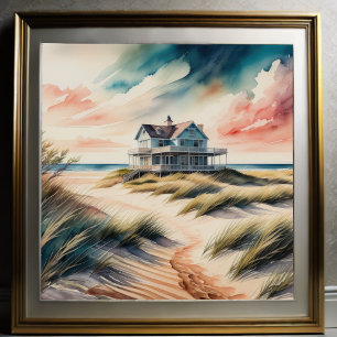 Watercolor Painting of Beach House Poster