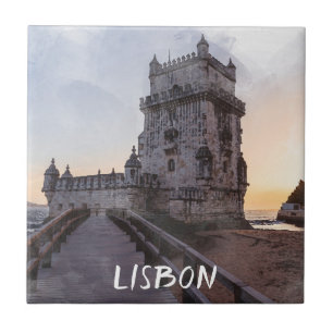 Watercolor painting of Belem tower at sunset Ceramic Tile