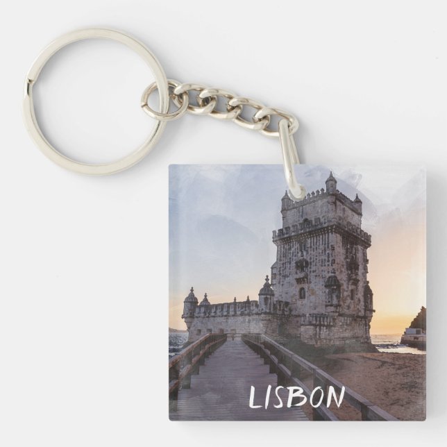 Watercolor painting of Belem tower at sunset Key Ring (Front)