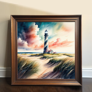 Watercolor Painting of Black White Lighthouse Poster