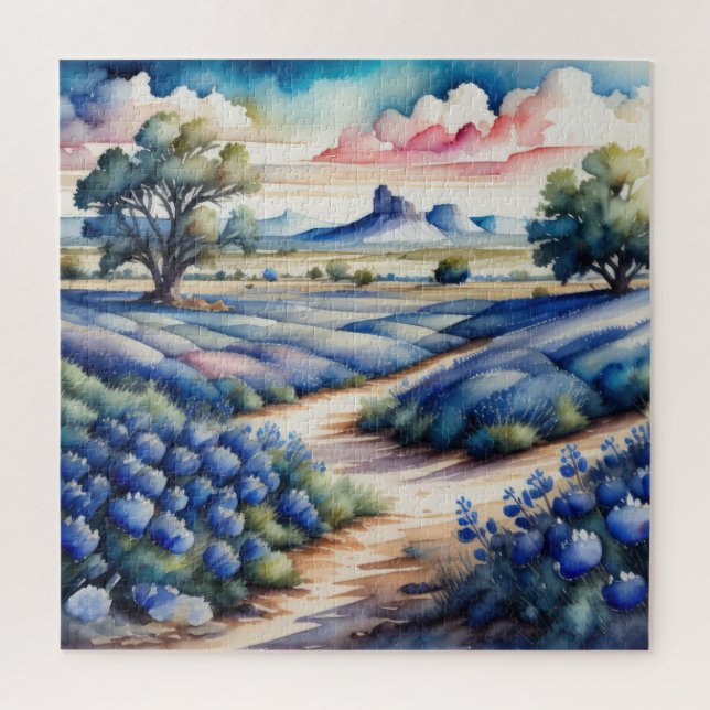 Watercolor Painting of Bluebonnet Landscape Jigsaw Puzzle (Vertical)