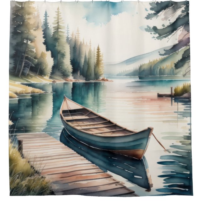 Watercolor Painting of Boat and Dock Shower Curtain (Front)