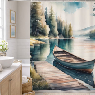 Watercolor Painting of Boat and Dock Shower Curtain