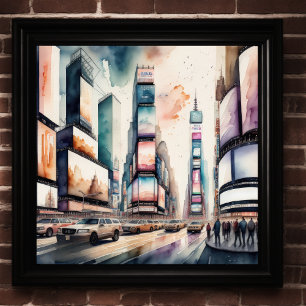 Watercolor Painting of Bustling City Poster