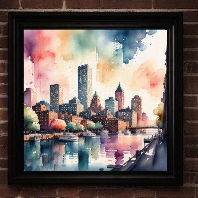 Watercolor Painting of City with River Poster (Creator Uploaded)
