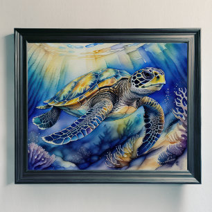 Watercolor Painting of Colorful Sea Turtle 5:4 Poster