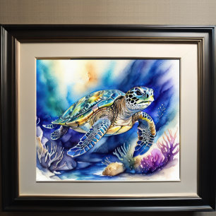 Watercolor Painting of Colorful Sea Turtle 5:4 Poster