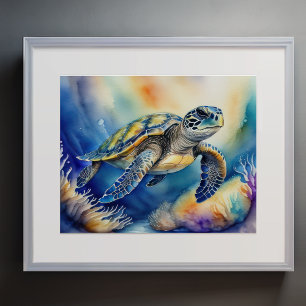 Watercolor Painting of Colorful Sea Turtle 5:4 Poster