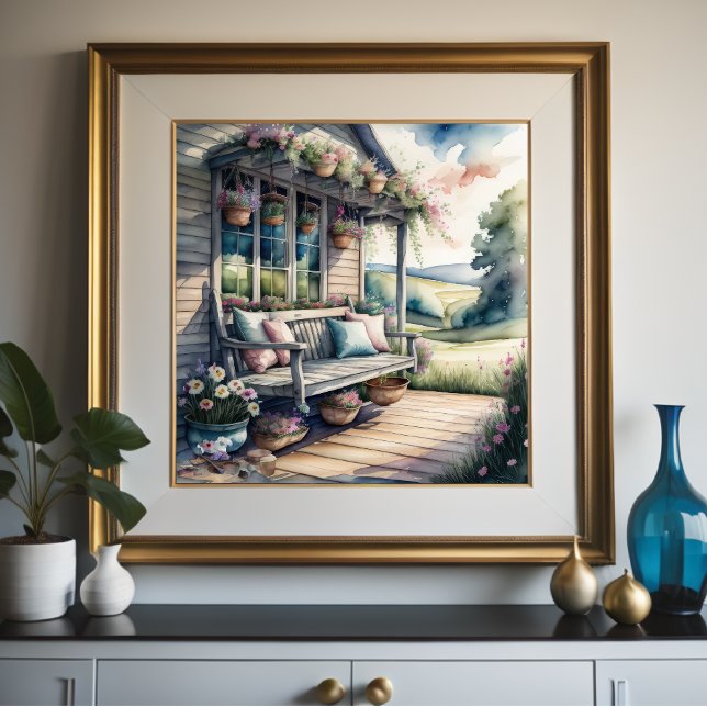 Watercolor Painting of Cosy Country Porch Poster (Creator Uploaded)