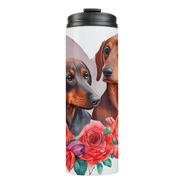 Watercolor Painting of Dachshunds Red Roses Thermal Tumbler (Front)