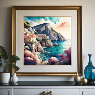 Watercolor Painting of European Mediterranean City Poster