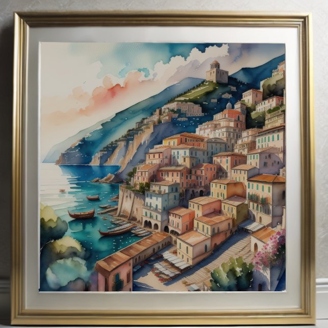 Watercolor Painting of European Mediterranean City Poster (Creator Uploaded)