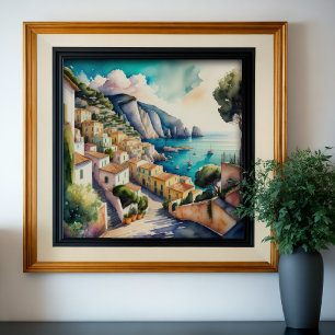 Watercolor Painting of European Mediterranean City Poster