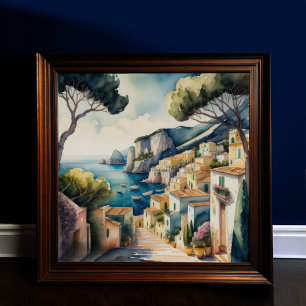 Watercolor Painting of European Mediterranean City Poster