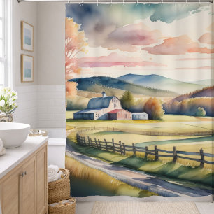 Watercolor Painting of Farm Barn Shower Curtain