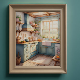 Watercolor Painting of Farmhouse Kitchen Poster