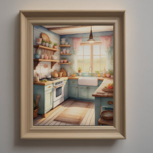 Watercolor Painting of Farmhouse Kitchen Poster
