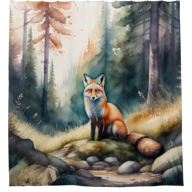 Watercolor Painting of Fox in Forest Shower Curtain (Front)