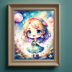 Watercolor Painting of Kawaii Chibi Female Poster