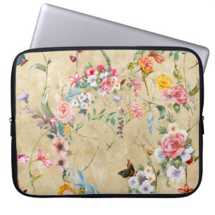 Watercolor painting of leaf and flowers, seamless laptop sleeve